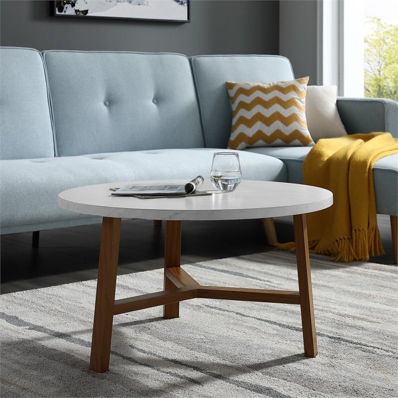 30 inch Round Coffee Table in White Faux Marble and Acorn Homesquare