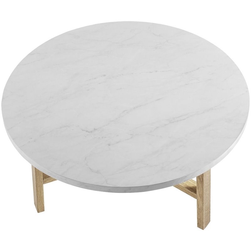 30 inch Round Coffee Table in White Faux Marble and Light Oak
