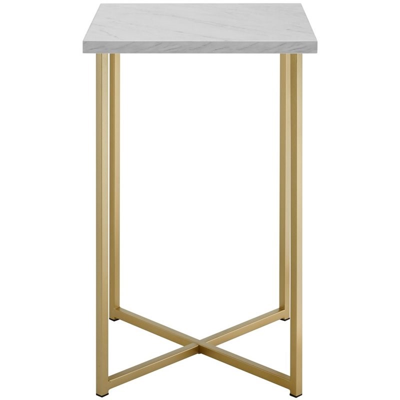 16 inch Square Side Table with White Faux Marble Top and Gold Base