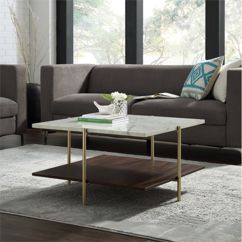 32 inch Square Coffee Table in Faux Marble and Gold | Homesquare