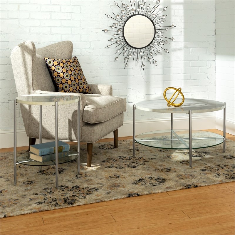 2-Piece Round Coffee Table Set  - White Faux Marble and Chrome