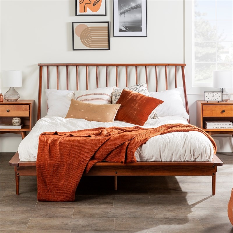 Walker Edison Modern Wood Queen Spindle Bed in Walnut Homesquare