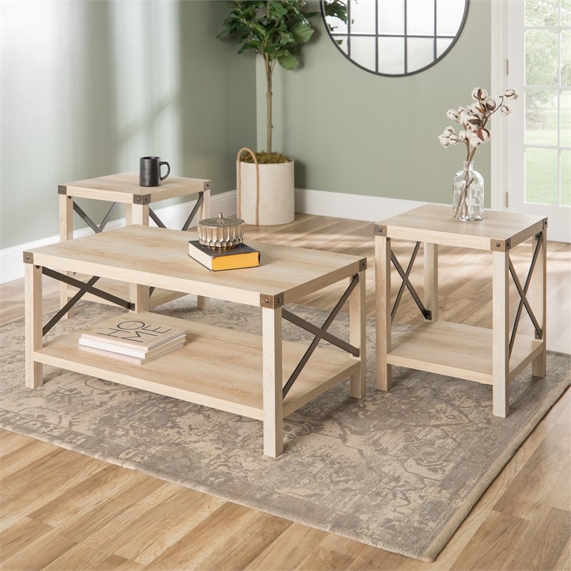 Walker Edison 3 Piece Rustic Wood And, Rustic Wood Living Room Table Sets