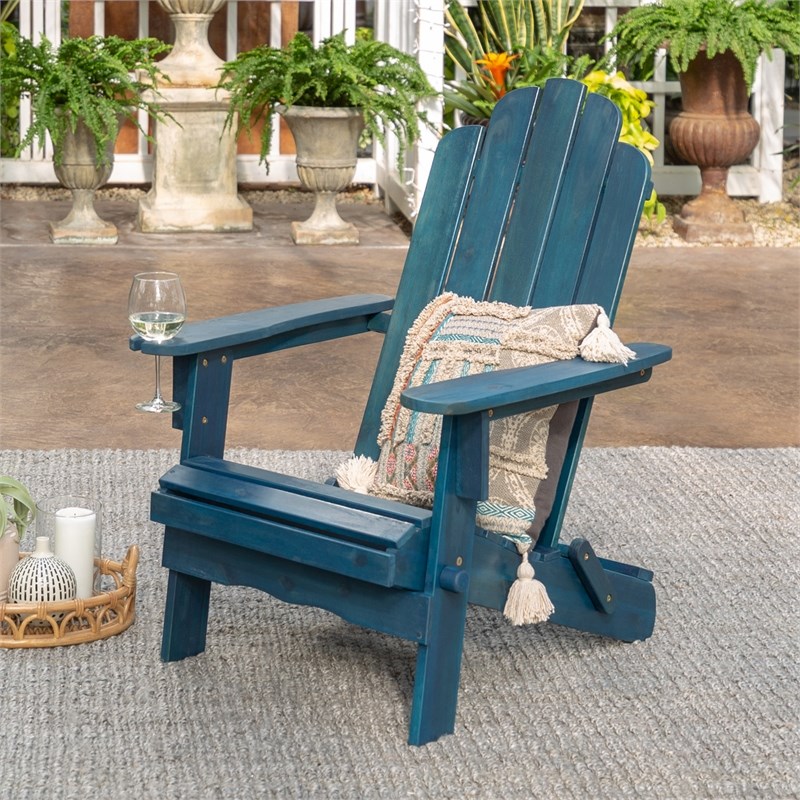 Walker Edison Outdoor Wood Patio Adirondack Chair & Wine Glass Holder-Navy Blue