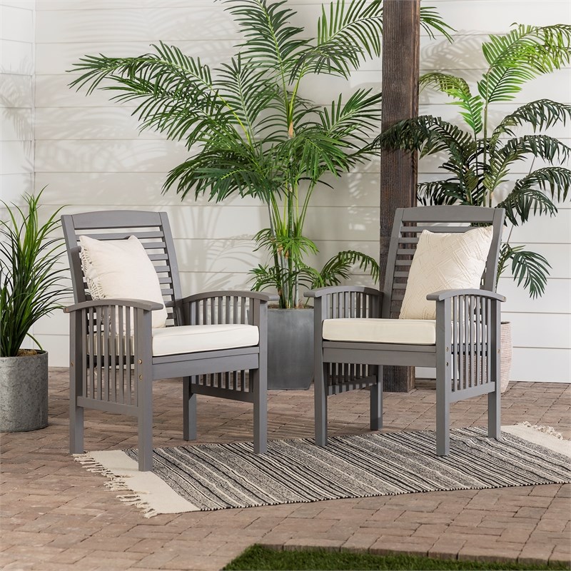 Walker Edison Acacia Wood Patio Chair with Cushion in Gray Wash (Set of 2)