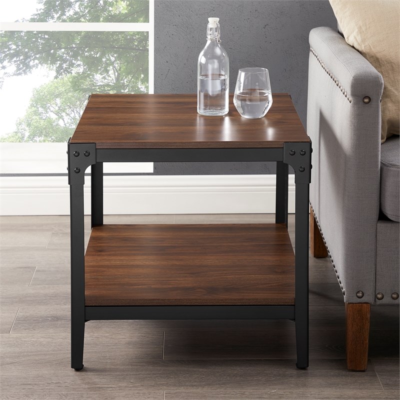 Angle Iron Metal and Wood End Tables (Set of 2) - Dark Walnut
