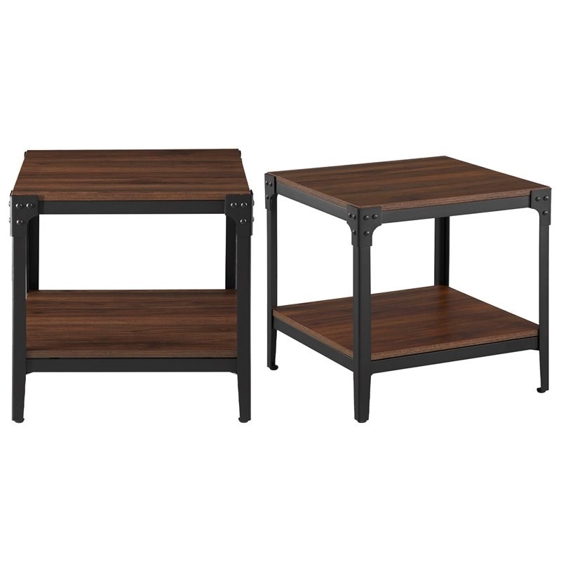 Angle Iron Metal and Wood End Tables (Set of 2) - Dark Walnut