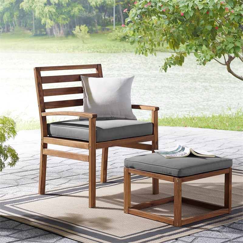 Acacia Wood Outdoor Patio Chair & Pull Out Ottoman Brown Homesquare