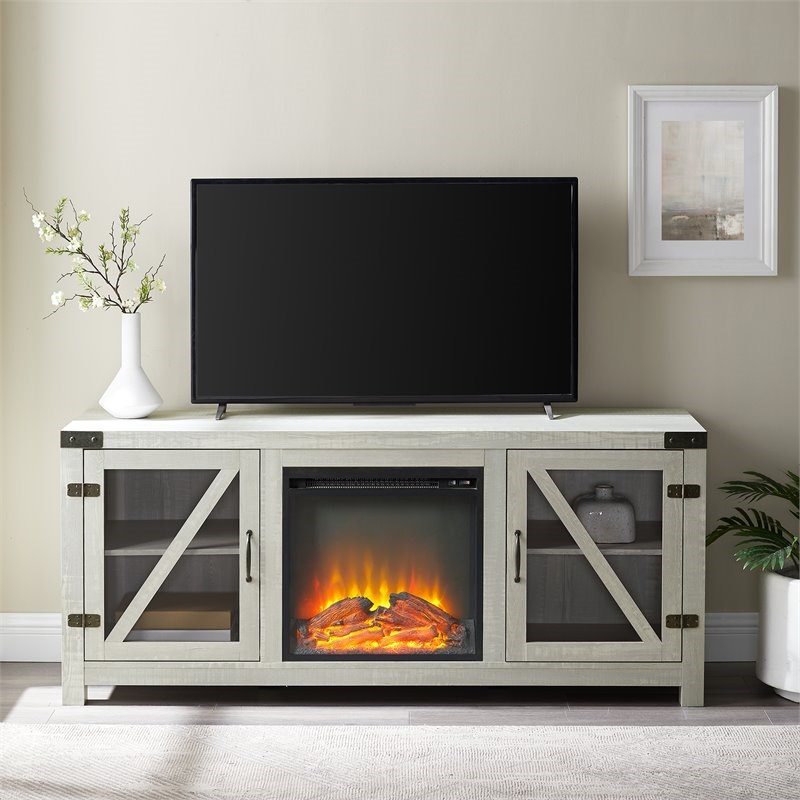 58" glass barn door fireplace console stone grey w58fpbdgdst