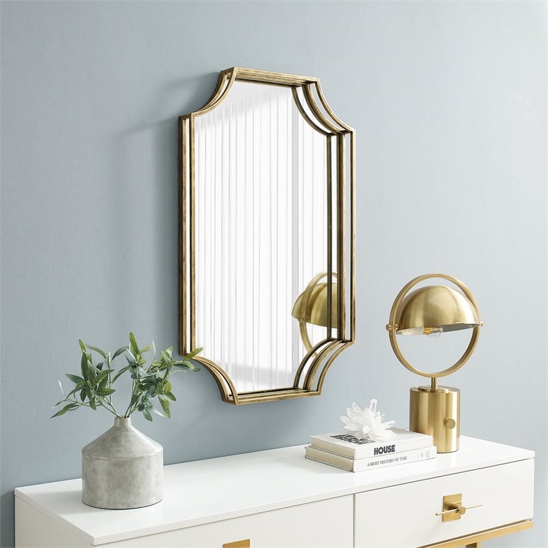 32 inch rectangle notched corner steel metal framed mirror in antique brass m32mfrncabs