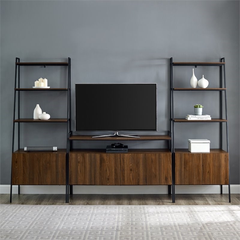 3-Piece Metal and Wood TV Console and Storage Shelves in Dark Walnut