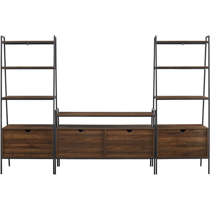 3-Piece Metal and Wood TV Console and Storage Shelves in Dark Walnut