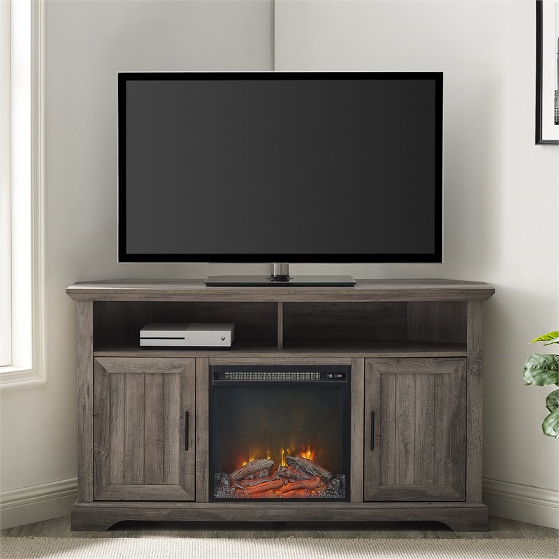 Coastal Grooved Door Fireplace Corner TV Stand for TVs up to 60