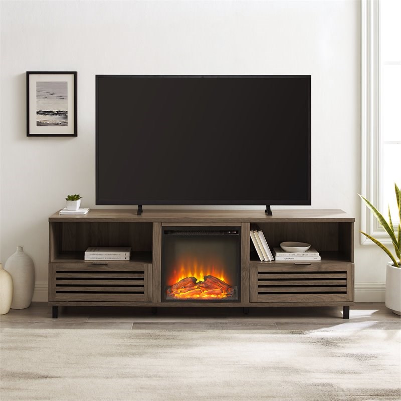 Modern Pull-Down Slat-Door Fireplace TV Stand for TVs up to 80