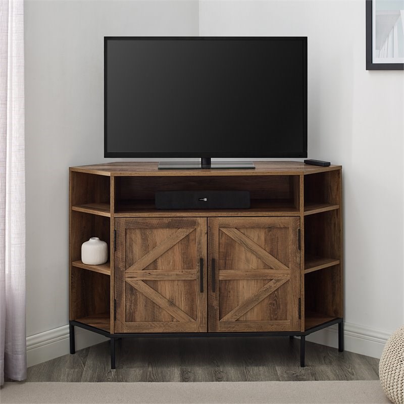 Rustic 2-Door Corner TV Stand with Wood Detail for TVs up to 55