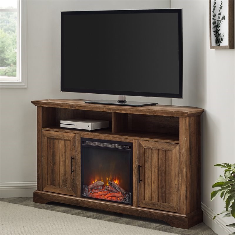 Coastal Grooved Door Fireplace Corner TV Stand for TVs up to 60