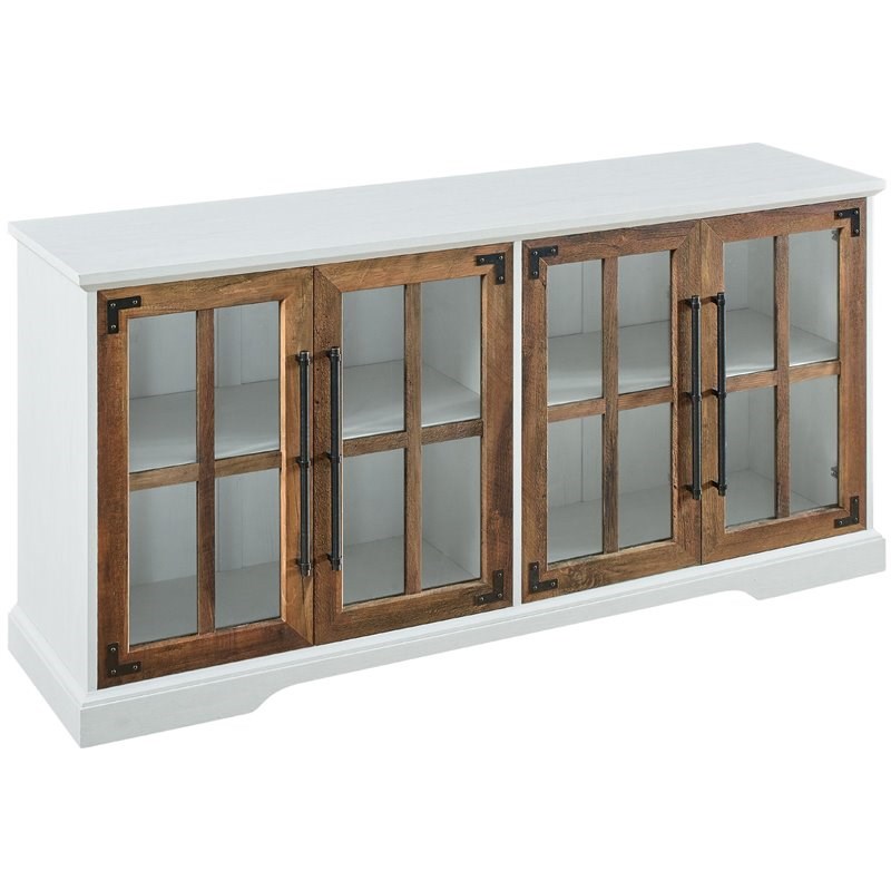 58" 4Glass Door TV Stand Console in Brushed White/Rustic Oak Homesquare