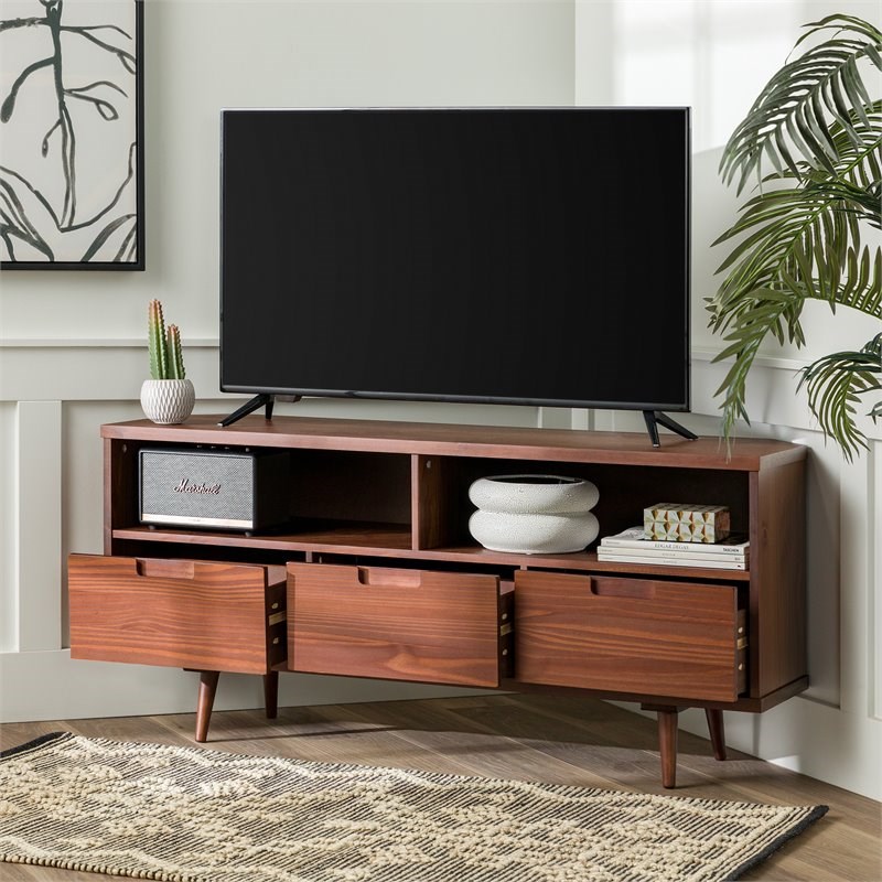 Modern Boho 3 Drawer Solid Wood Corner TV Stand for TVS up to 58