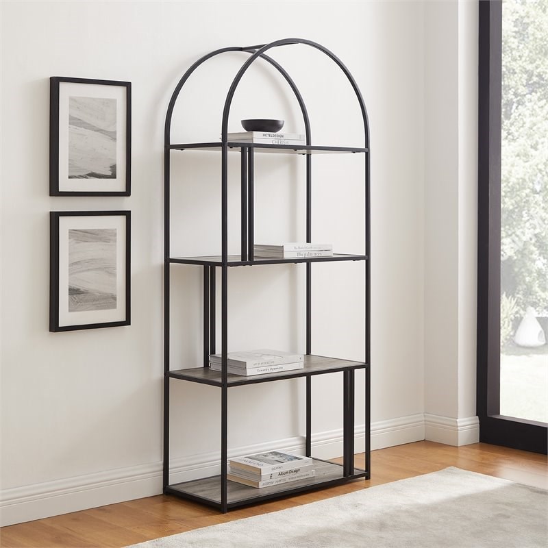 Contemporary Metal Arch Asymmetric Bookcase in Gray Wash | Homesquare