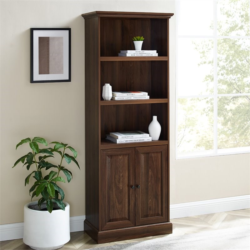 Classic Beveled Door Hutch Bookcase with 2Fixed Shelves in Dark Walnut