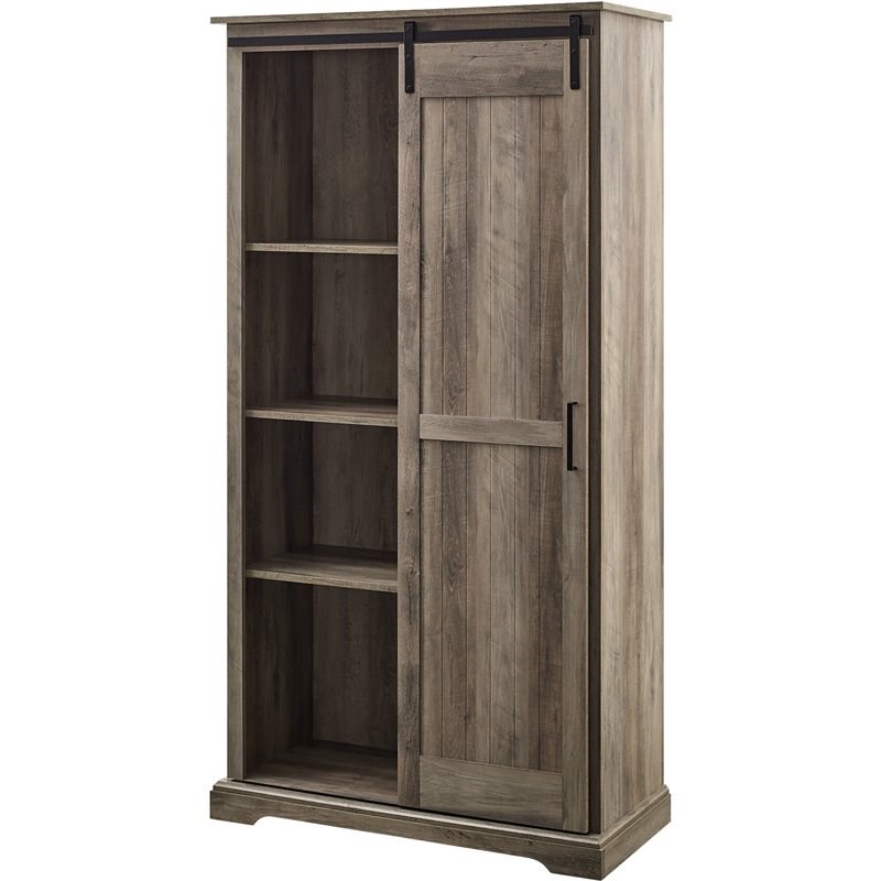 Modern Farmhouse Grooved Sliding Door Tall Storage Cabinet in Gray Wash