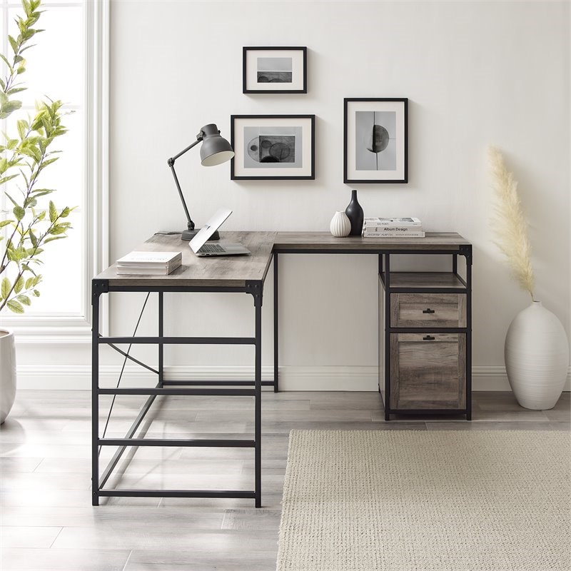 Angle Iron L-Shaped Computer Desk with Storage in Gray Wash