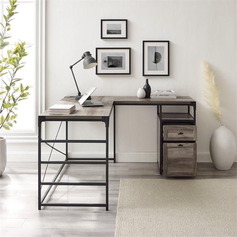 Angle Iron L-Shaped Computer Desk with Storage in Gray Wash