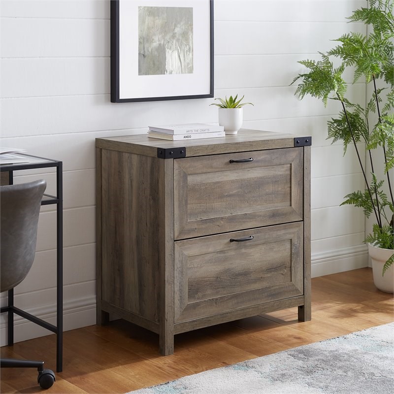 Modern Farmhouse 2-Drawer Filing Cabinet with Metal Accents in Gray Wash