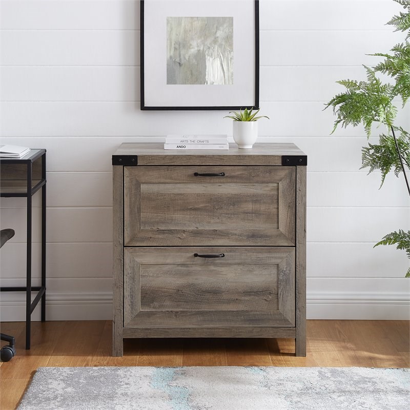 Modern Farmhouse 2-Drawer Filing Cabinet with Metal Accents in Gray Wash