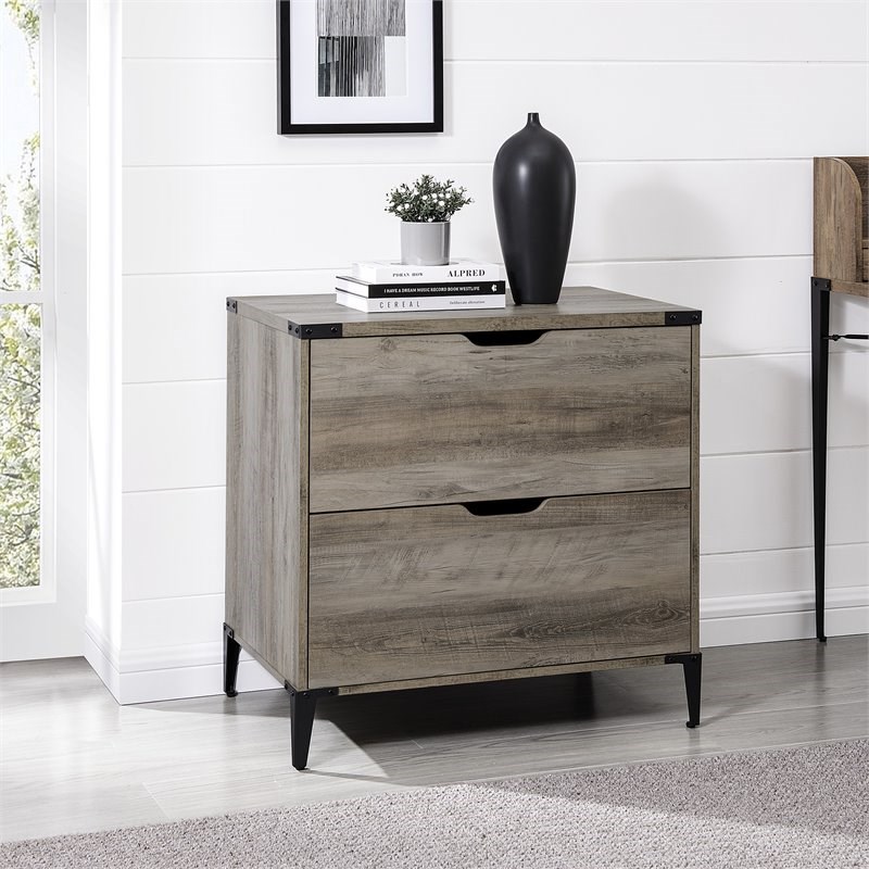 Modern Farmhouse Angle Iron 2-Drawer Filing Cabinet in Gray Wash