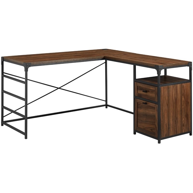 Angle Iron L-Shaped Computer Desk with Storage in Dark Walnut | Homesquare