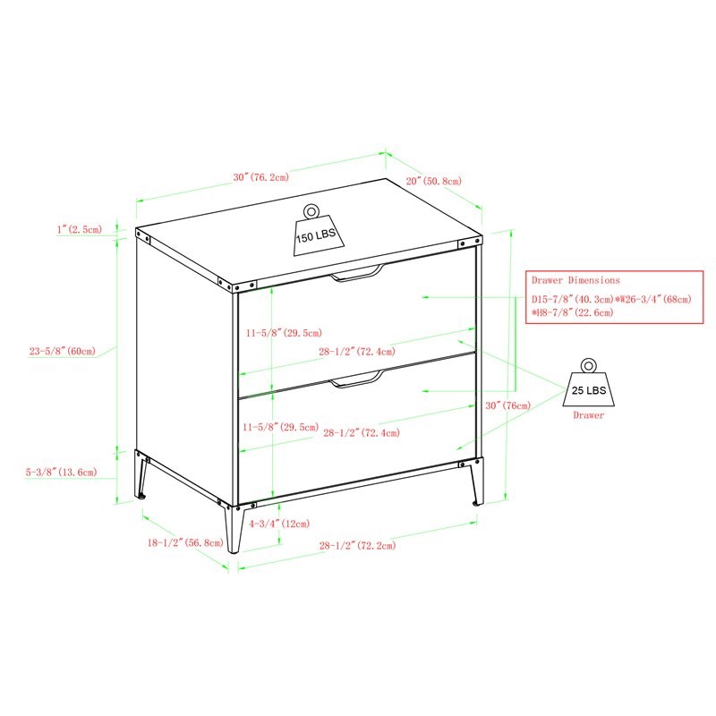 Modern Farmhouse Angle Iron 2-Drawer Filing Cabinet in Dark Walnut