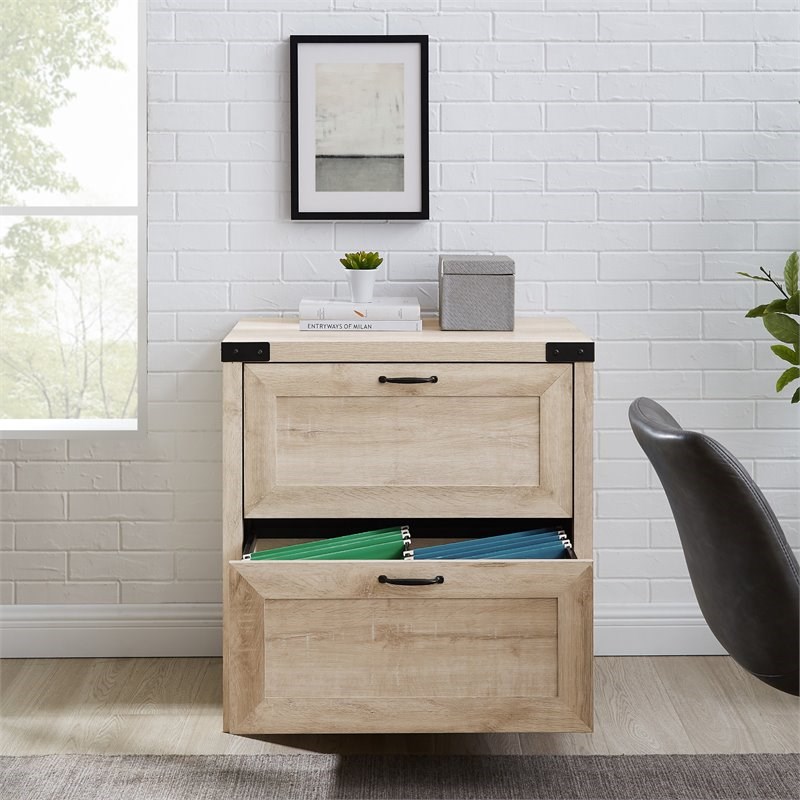 Modern Farmhouse 2-Drawer Filing Cabinet with Metal Accents in White Oak