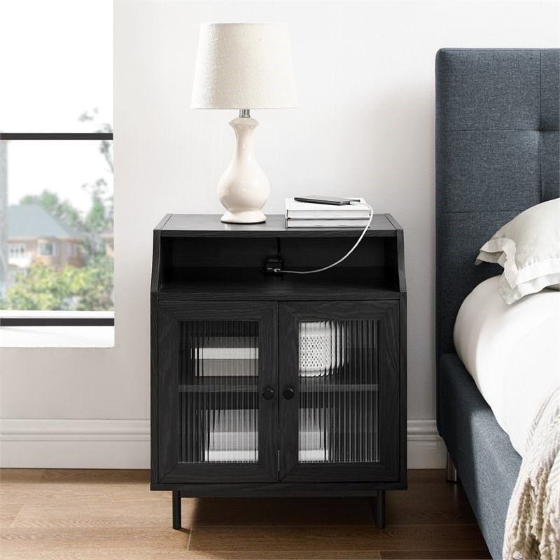 22" Fluted Glass 2Door Bedroom Nightstand with USB in Graphite