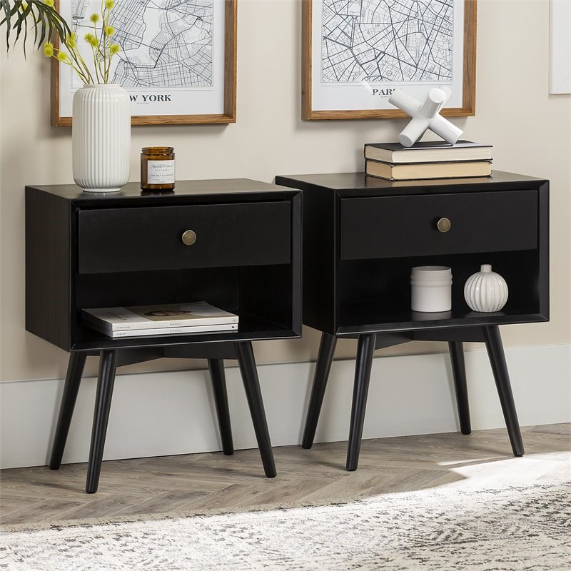 2Piece 1Drawer MidCentury Solid Wood Bedroom Nightstand in Black