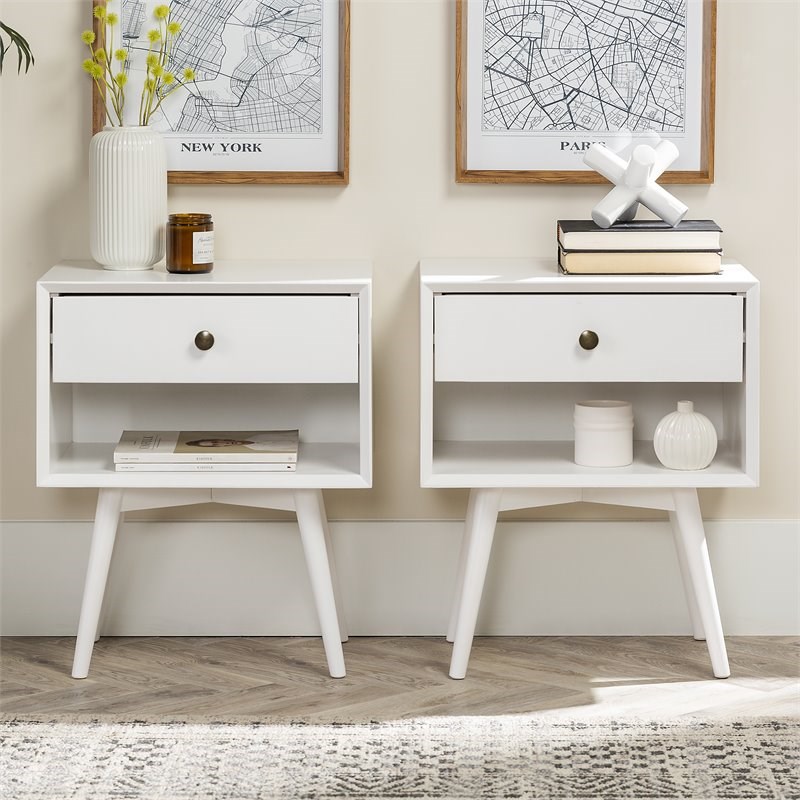 2Piece 1Drawer MidCentury Solid Wood Bedroom Nightstand in White