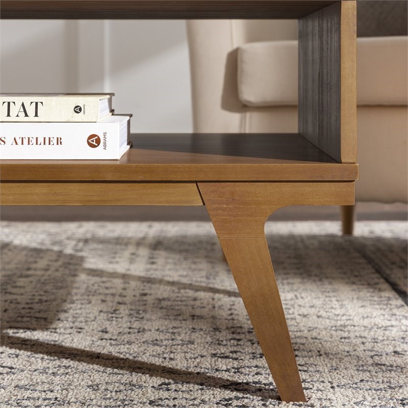 Mateo 1-Drawer Bridge Leg Solid Wood Coffee Table in Caramel