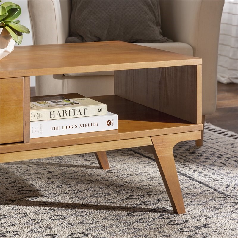 Mateo 1-Drawer Bridge Leg Solid Wood Coffee Table in Caramel