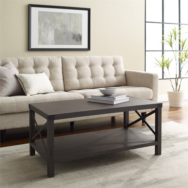 Farmhouse Metal-X Coffee Table with Lower Shelf in Sable