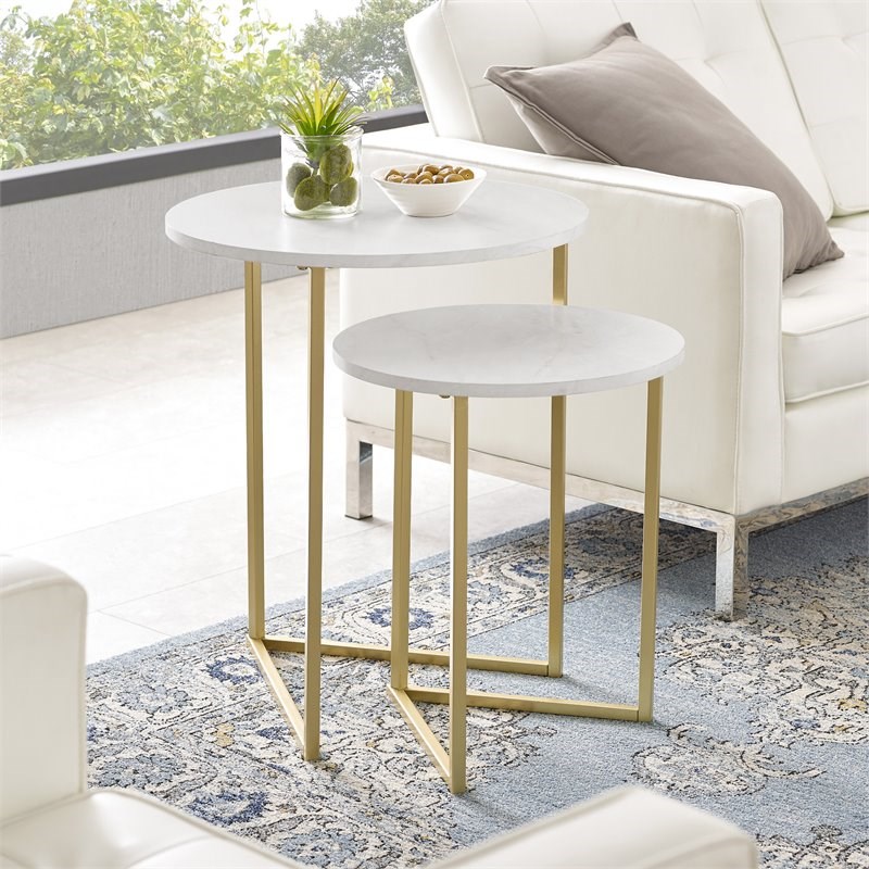 Victoria V-Leg Nesting End Tables in Faux White Marble/Gold (Set of 2)