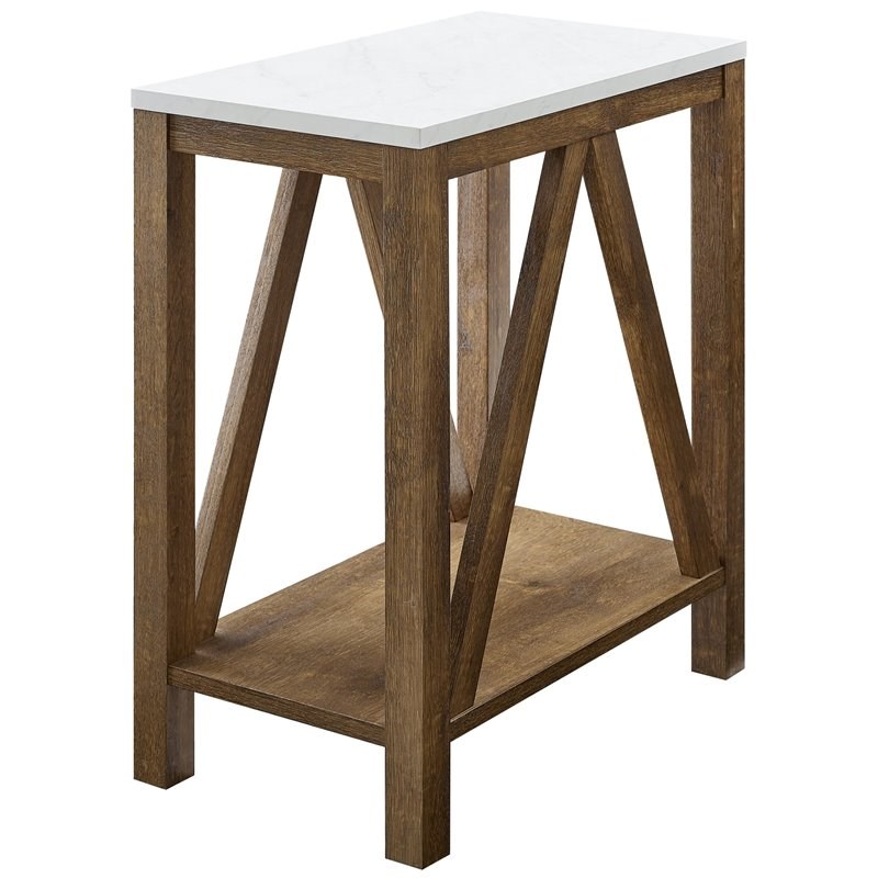 Narrow A Frame End Table in Faux White Marble/Natural Walnut