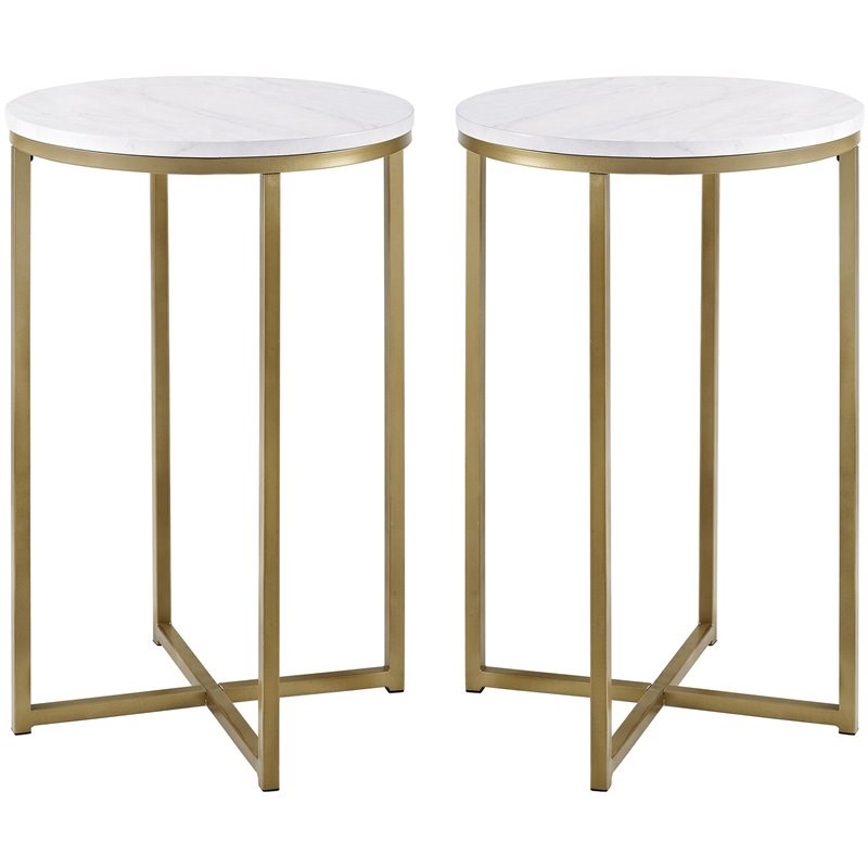 Modern Glam Metal-X-Leg End Table Set in Faux White Marble/Gold (Set of 2)