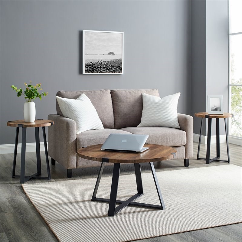 3-Piece Metal Wrap Coffee and End Table Set in Rustic Oak
