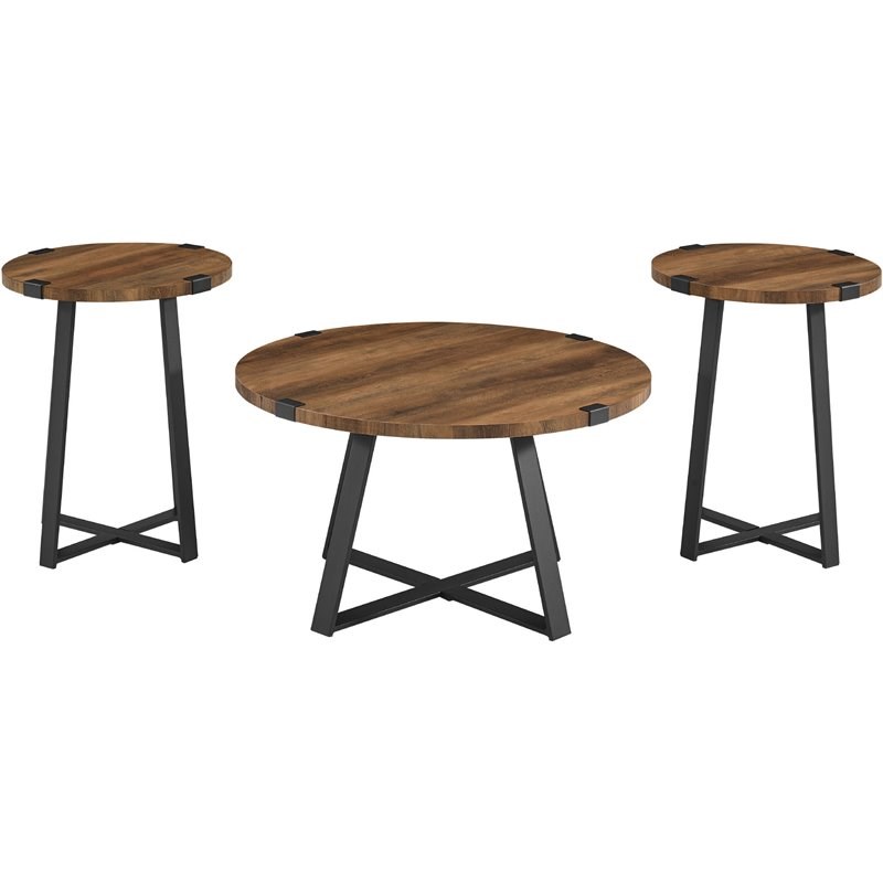 3-Piece Metal Wrap Coffee and End Table Set in Rustic Oak