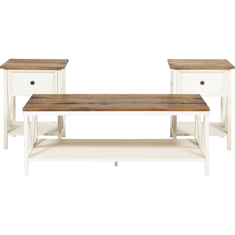 3-Piece Distressed Solid Wood Coffee Table Set in Rustic Oak/White Wash