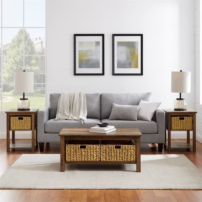 3-Piece Mission Storage Coffee Table and End Table Set in Rustic Oak