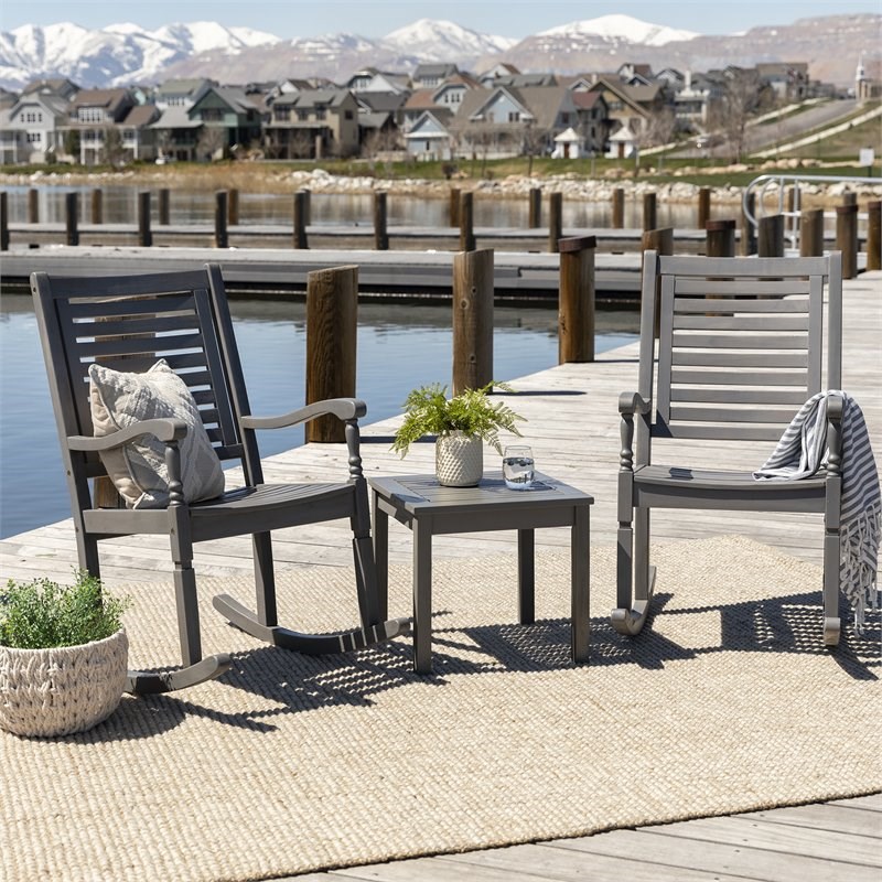 3-Piece Traditional Rocking Chair Outdoor Chat Set with End Table in Gray Wash