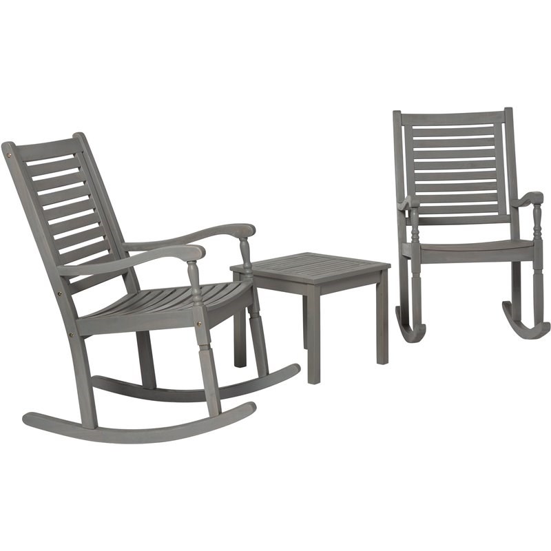 3-Piece Traditional Rocking Chair Outdoor Chat Set with End Table in Gray Wash