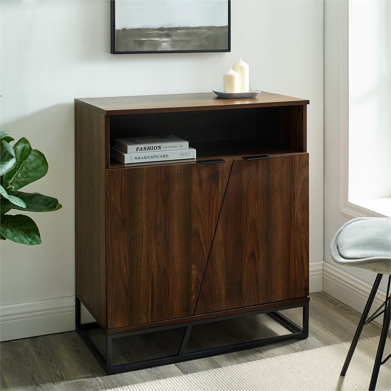 Contemporary Asymmetrical Angled Door Accent Cabinet in Dark Walnut