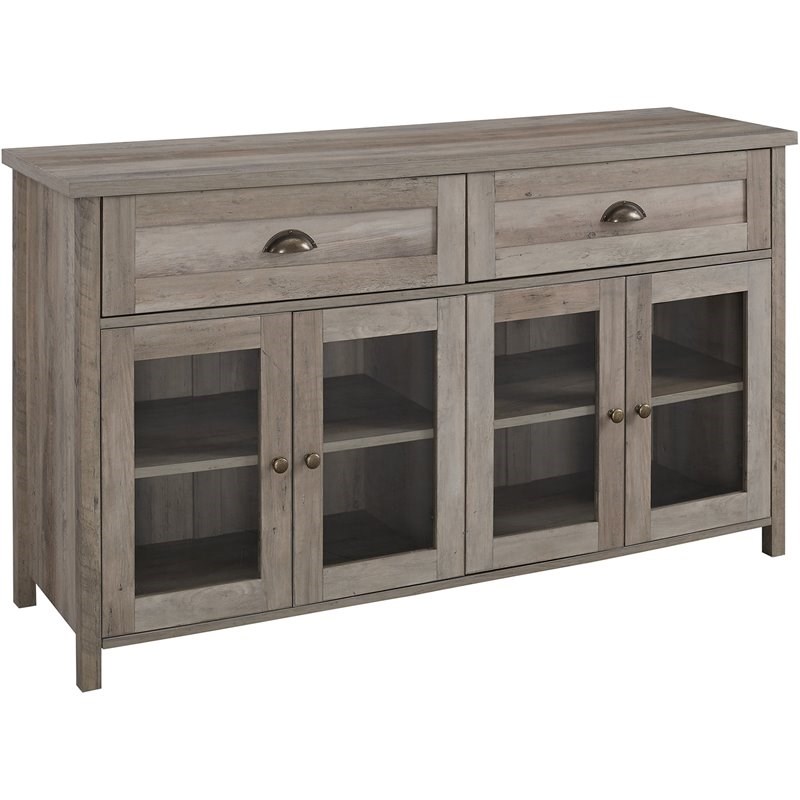 Farmhouse 2-Drawer 4 Glass Door TV Stand for TVs up to 58 Inches in Gray Wash